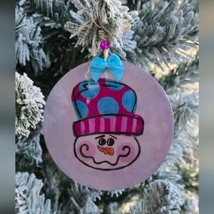 ☃️💙 Handmade Wooden Ornament – Whimsical Snowman in Pink Hat 💙☃️